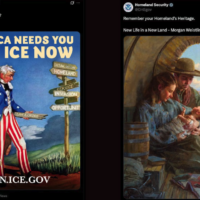 Deux publications apparues sur les réseaux sociaux du département de la Sécurité intérieure semblent reprendre ce que certains qualifient de tropes néo-nazis (de gauche à droite) : une référence au livre antisémite « Which Way, Western Man? » (Quelle voie, homme occidental ?) et l'utilisation d'un « HH » en majuscules, abréviation courante en ligne pour « Heil Hitler ». (Crédit : Captures d'écran/JTA)